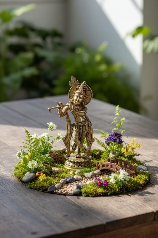Handcrafted brass Krishna playing flute statue with antique finish and traditional Indian craftsmanship-ArtyCraftz.com