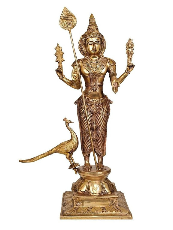Handcrafted brass Murugan statue with peacock 23.5 inch-ArtyCraftz.com