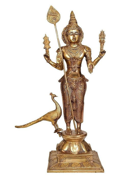 Handcrafted brass Murugan statue with peacock 23.5 inch-ArtyCraftz.com