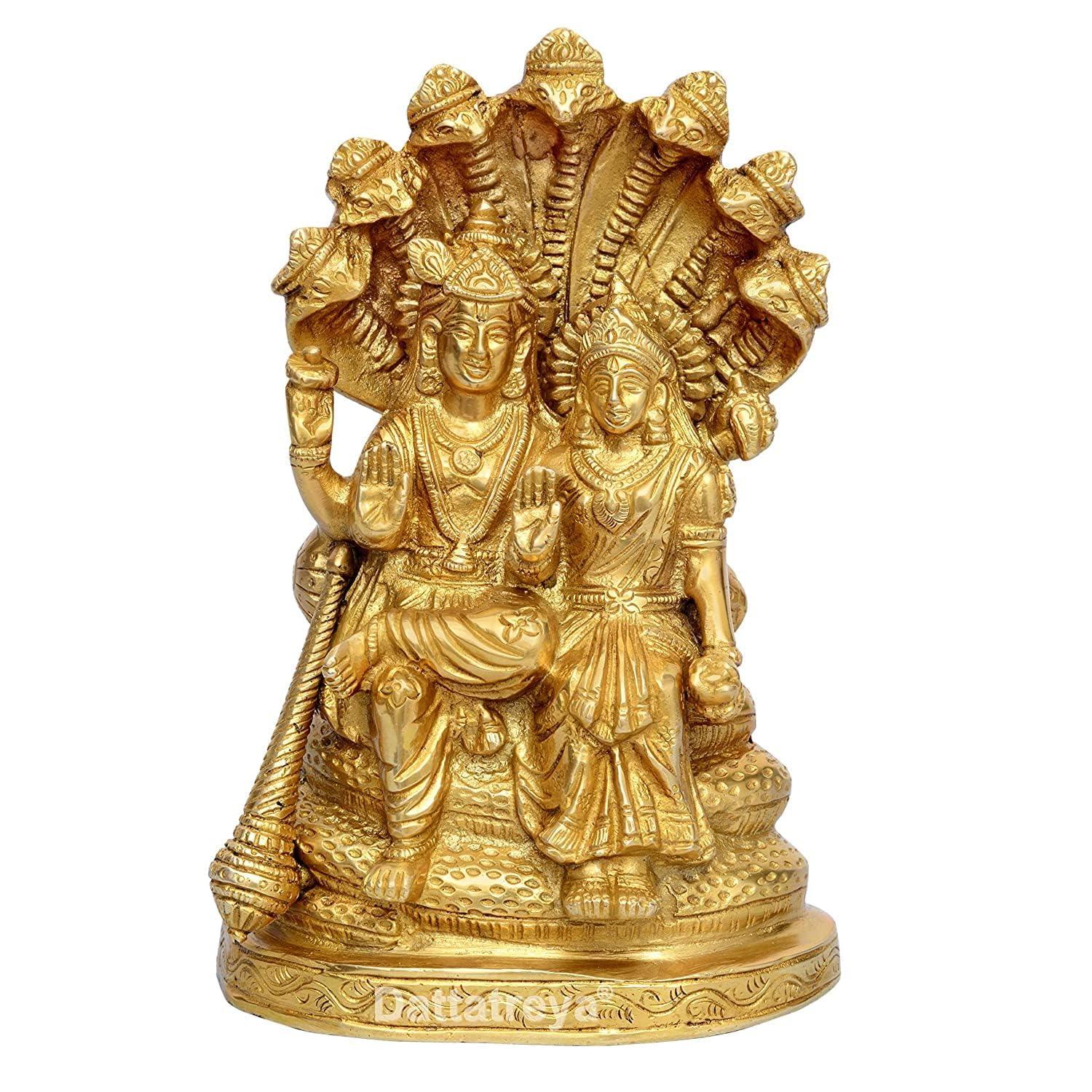 Handcrafted brass Vishnu Lakshmi idol seated together on Sheshnag serpent throne, 21 cm solid brass statue — ArtyCraftz