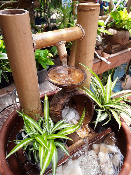 Handcrafted coconut shell and bamboo water fountain, mini fountain, indoor fountain - ArtyCraftz.com