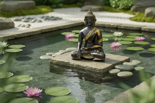 Handcrafted solid brass Buddha idol seated in Bhumisparsha Mudra — dramatic black body with gold robe border detailing, lotus motif and Ushnisha crown — ArtyCraftz