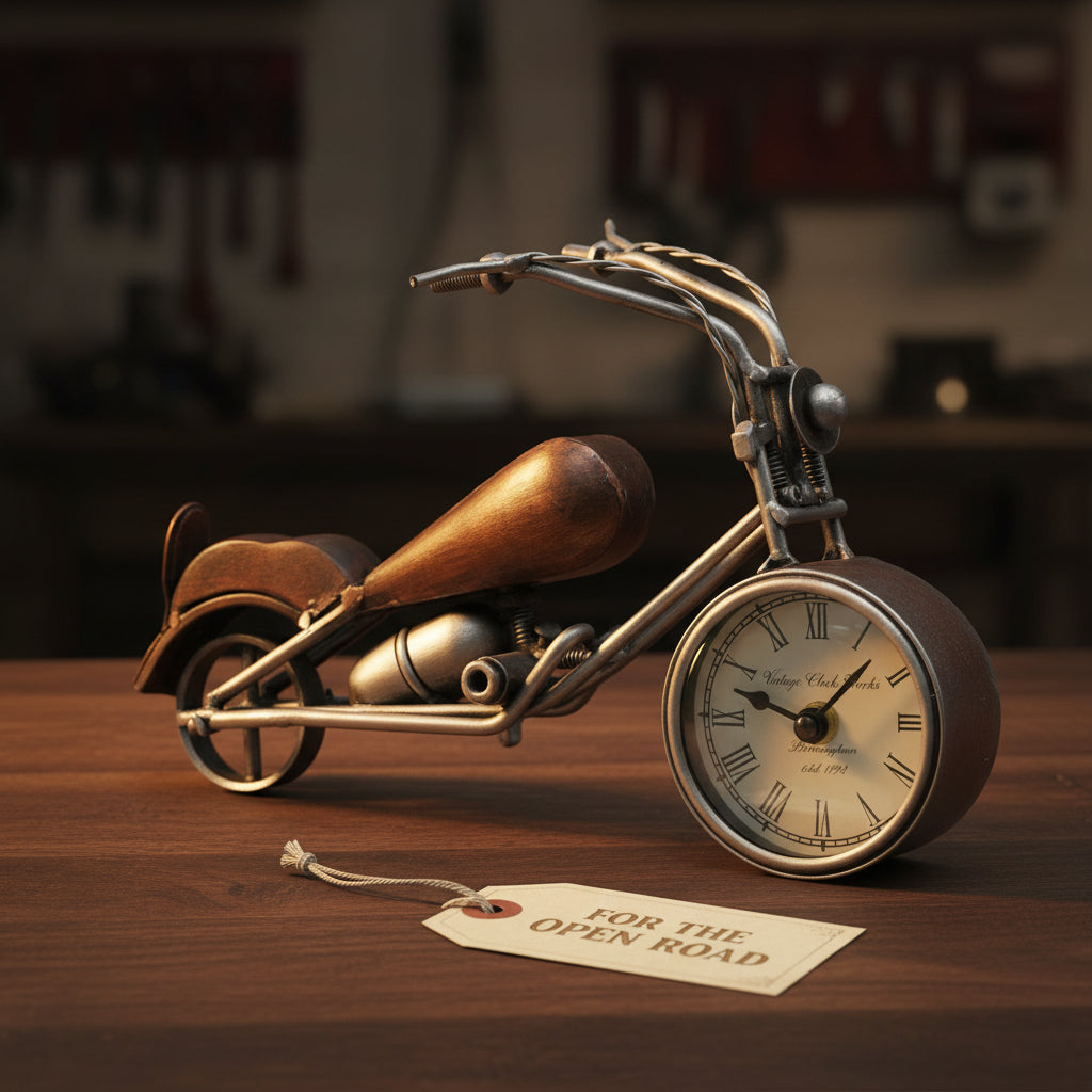 Handcrafted vintage chopper motorcycle metal table clock with Roman numeral dial and antique silver copper finish-ArtyCraftz.com