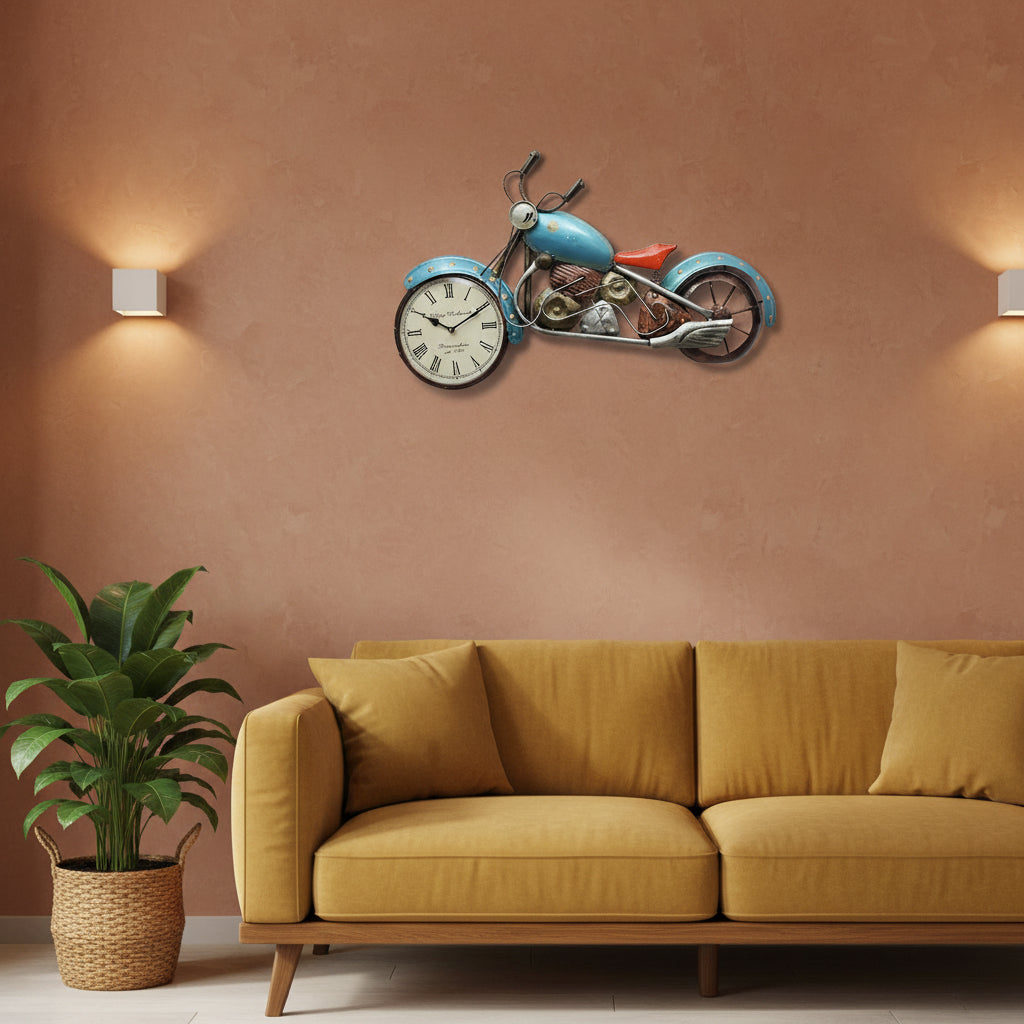 Handcrafted vintage motorcycle iron wall clock with Roman numeral dial and retro metal wall art design.-ArtyCraftz.com