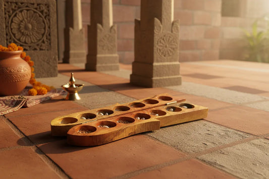 Handcrafted wooden Pallanguzhi game board with seeds traditional Indian mancala board game-ArtyCraftz.com