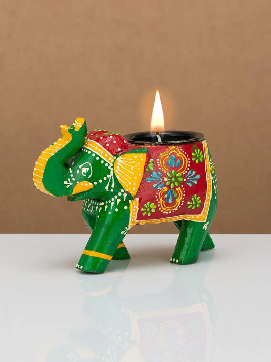 Handcrafted and Hand-Painted Wooden Elephant Tea Light Holder