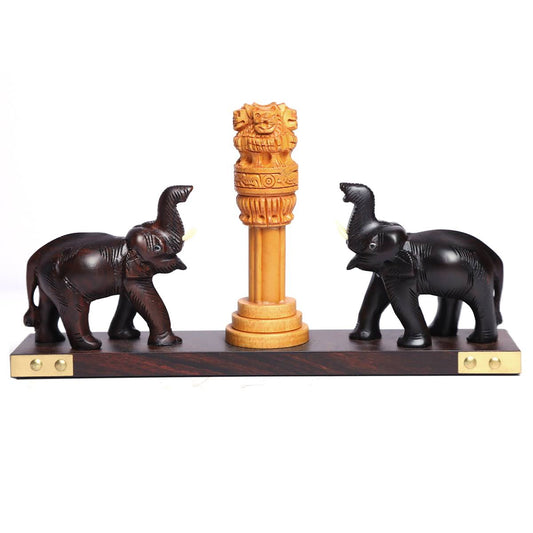 Handcraved Rose Wood Elephant with Ashoka Pillar Showpiece