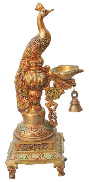 Handcraved Brass Peacock Deepak Diya Oil Lamp Bell  5.5*5.5*15 Inches - ArtyCraftz.com