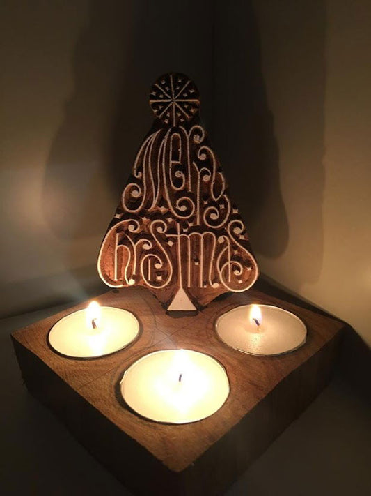 Handcraved Merry Christmas Wish in Rosewood candle Holder - ArtyCraftz.com