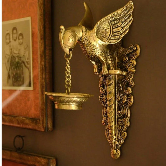 Handicraft Wall Oil Lamp Parrot Holding Diya Oil Lamp - ArtyCraftz.com