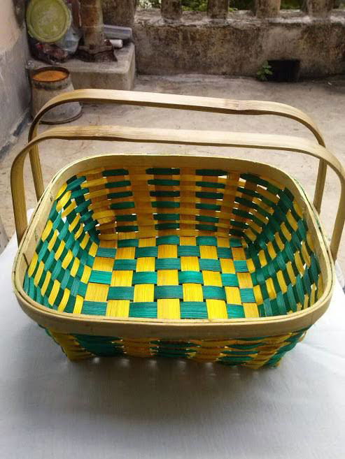 Handmade Bamboo Basket Green Color Square Baskets 8 Inches with Handle - ArtyCraftz.com