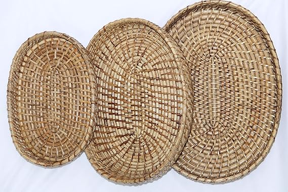 Handmade Bamboo Cane White Oval Tray Set