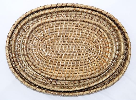 Handmade Bamboo Cane White Oval Tray Set