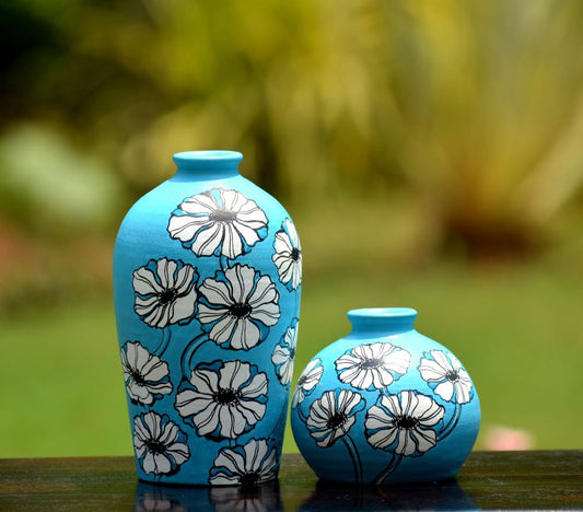 Handmade Blue Painted Floral Design Terracota Flower Vase - ArtyCraftz.com