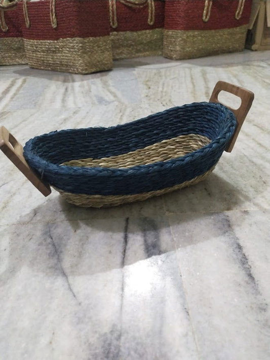 Handmade Blue Sabai Bread Basket with wood Bi colour 12 x 6 x 3 - ArtyCraftz.com