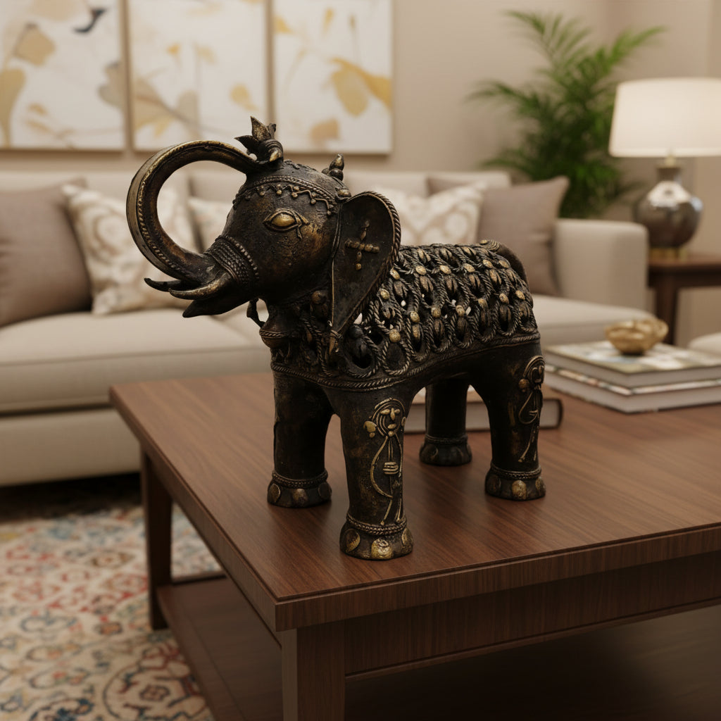 Handmade Brass Jali Elephant With Trunk up Dhokra Showpiece-ArtyCraftz.com