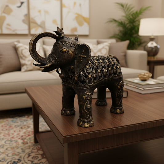 Handmade Brass Jali Elephant With Trunk up Dhokra Showpiece-ArtyCraftz.com