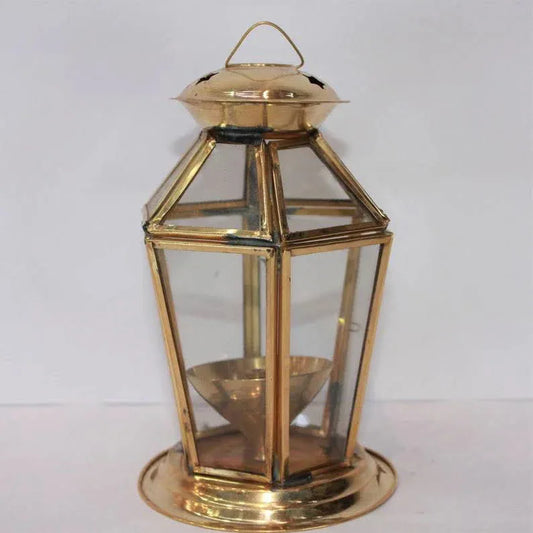 Handmade Brass Lantern Akhand Diya (Gold) 6 Inches - ArtyCraftz.com