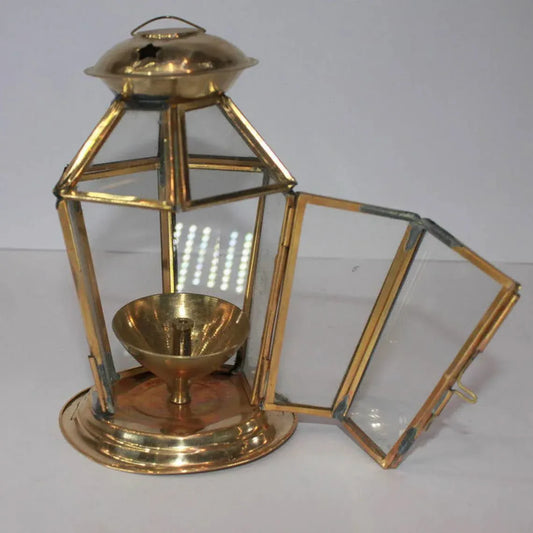 Handmade Brass Lantern Akhand Diya (Gold) 6 Inches - ArtyCraftz.com