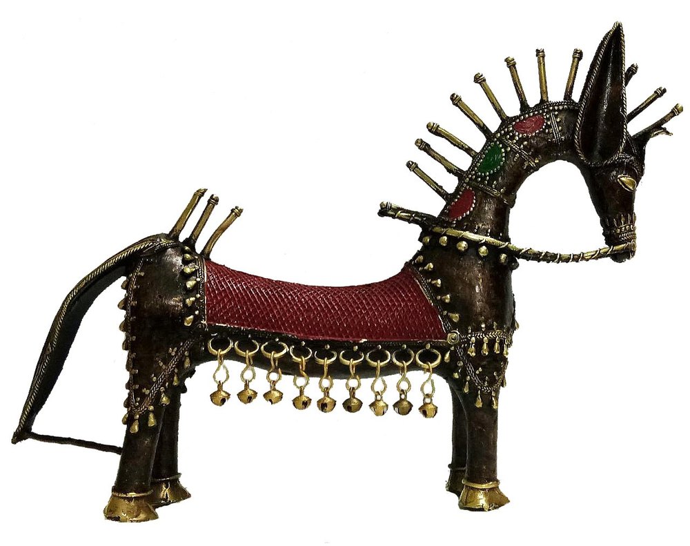 Handmade Brass Large Handcrafted Dhokra Horse Statue With Bells Main View-ArtyCraftz.com