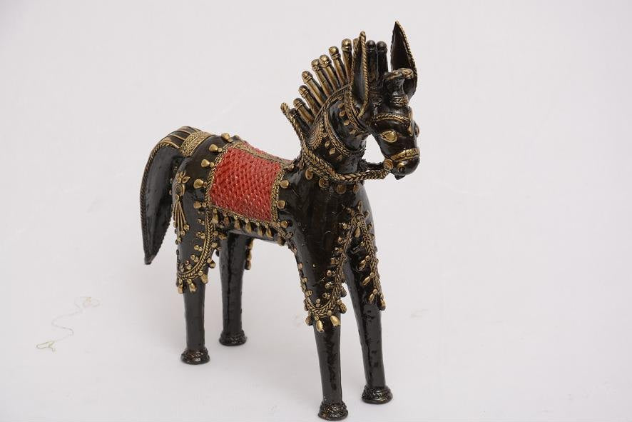 Handmade Brass Large Handcrafted Dhokra Horse Statue With Bells Left View-ArtyCraftz.com