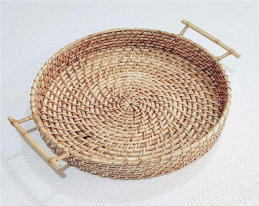 Handmade Cane Round Serving Tray with Handle - ArtyCraftz.com