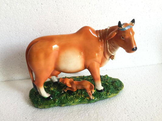 Handmade Carved Resin Cow with Baby Showpiece 12 Inches - ArtyCraftz.com