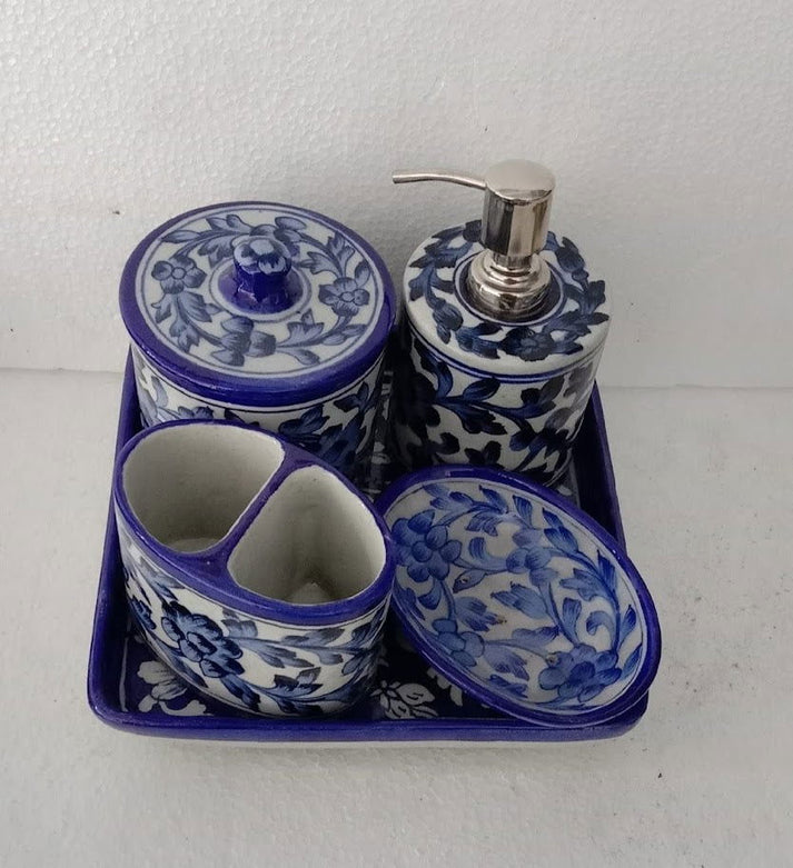 Blue Pottery Bathroom Accessories Set