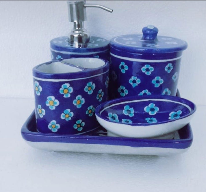 Blue Pottery Bathroom Accessories Set