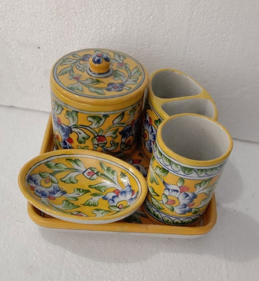 Handmade Ceramic Bathroom Accessories Set for Utility and Bathroom Decor ,Liquid Soap Dispenser, soap Tray, Toothbrush Holder Yellow Color - ArtyCraftz.com