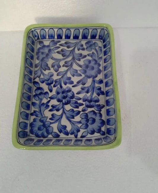 Handmade Ceramic Serving Tray for Home Decor and Gifting 10* 6 Inches Green with Blue Color - ArtyCraftz.com
