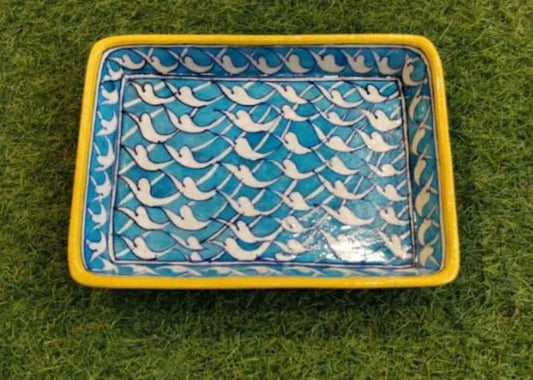 Handmade Ceramic Serving Tray for Home Decor and Gifting 10* 6 Inches Yellow with Sky Blue Color - ArtyCraftz.com
