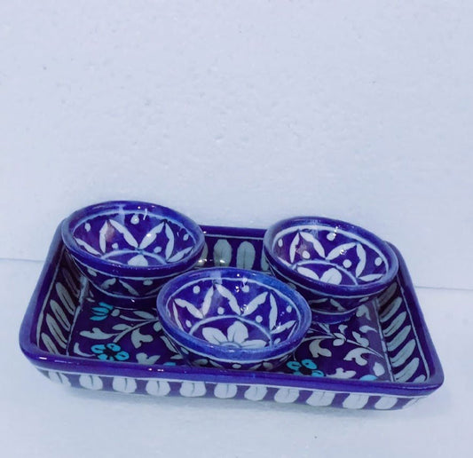 Handmade Ceramic Tray with 3 Bowl for Serving Foods Blue Color - ArtyCraftz.com