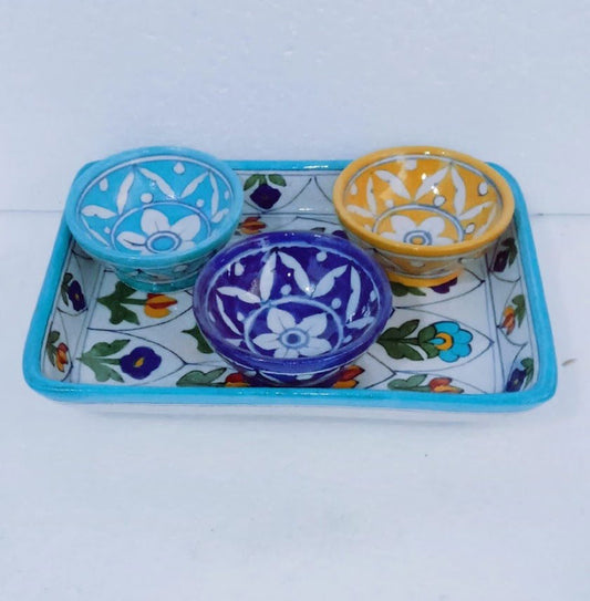 Handmade Ceramic Tray with 3 Bowl for Serving Foods Light Blue with Multi Color - ArtyCraftz.com
