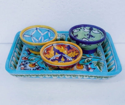 Handmade Ceramic Tray with 3 Bowl for Serving Foods Sky Blue Color - ArtyCraftz.com