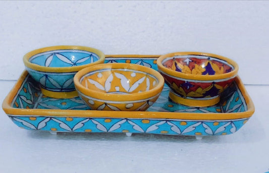Handmade Ceramic Tray with 3 Bowl for Serving Foods Sky Blue with Yellow Color - ArtyCraftz.com
