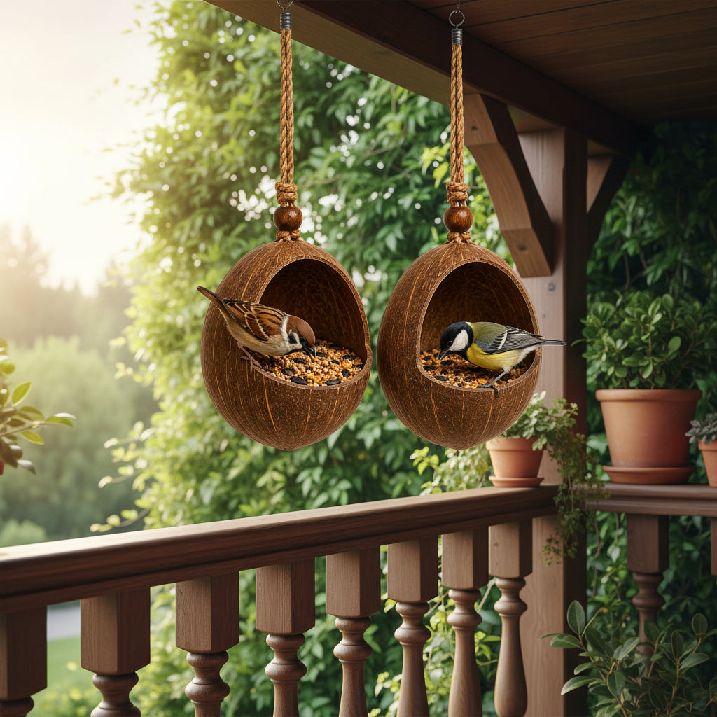 Handmade Coconut Shell Hanging Bird Feeder-ArtyCraftz.com