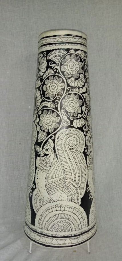 Handmade Hand Peacock Flower Painted Leather Lamps Black with White Color 25 Inches - ArtyCraftz.com