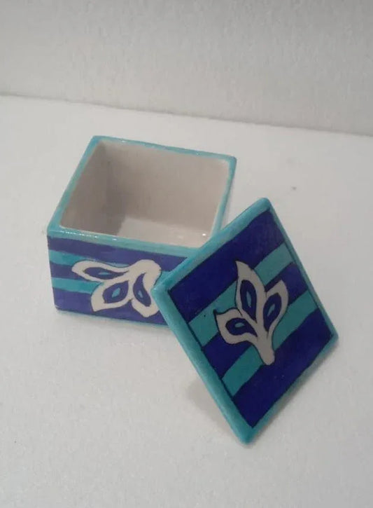 Handmade Handpainted Ceramic Airtight Jar for Coffee and Tea Powder Square jar 3 Inches  Blue with Sky Blue Color - ArtyCraftz.com