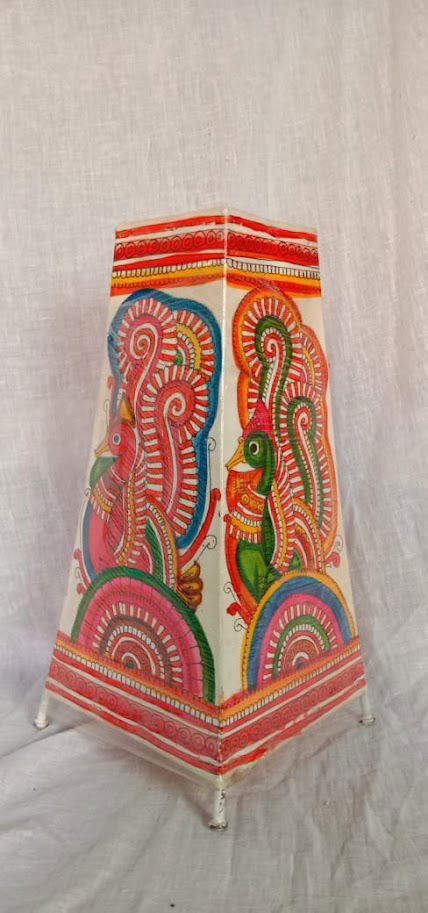 Handmade Leather Art Work Leather Peacock Design Painted Lamp Shade Without Bulb Red with Multi Color 12 Inches - ArtyCraftz.com