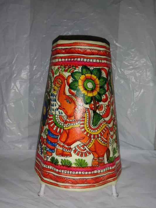 Handmade Leather Lamp Shade Elephant Design Painting 8 Inches Red with Multi Color - ArtyCraftz.com