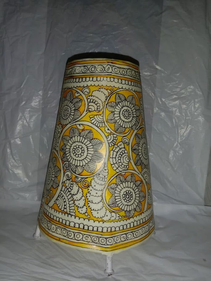Handmade Leather Lamp Shade Flower Design Painting 8 Inches Yellow Color - ArtyCraftz.com