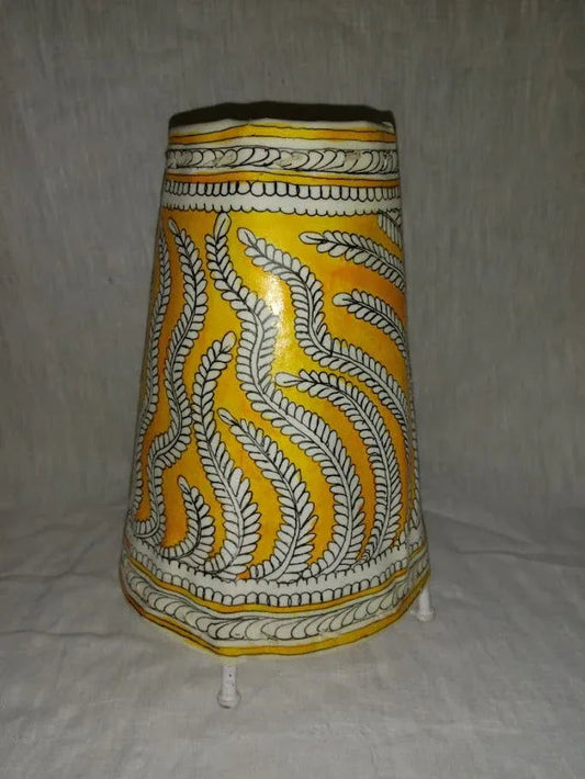 Handmade Leather Lamp Shade Leaf Design Painting 8 Inches Yellow Color - ArtyCraftz.com