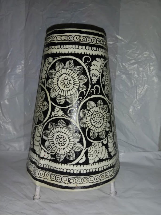 Handmade Leather Lamp Shade Painting 8 Inches Black with White Color - ArtyCraftz.com