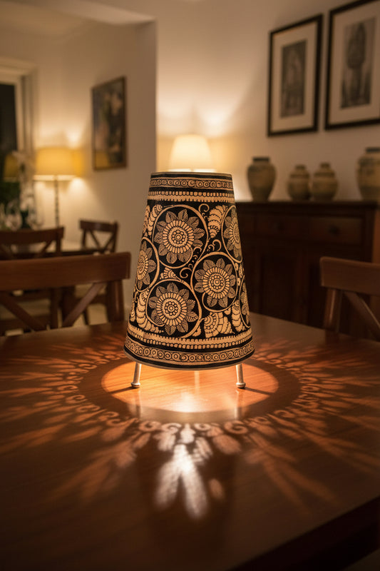 Nimmalakunta Leather Lamp Shade Painting 8 Inches Black with White Color - ArtyCraftz.com
