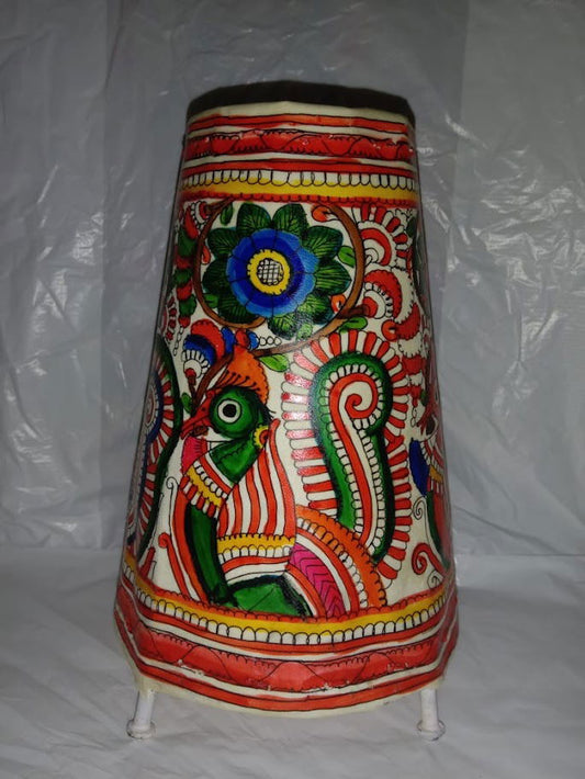 Handmade Leather Lamp Shade Peacock Design Painting Red with Green Color 8 Inches - ArtyCraftz.com