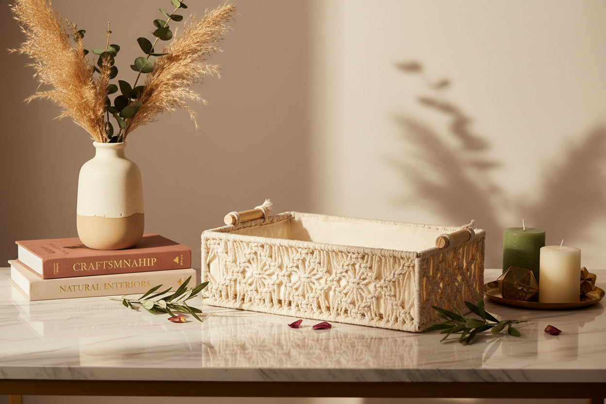 Handmade Macrame Storage Basket with Fabric Lining-ArtyCraftz.com
