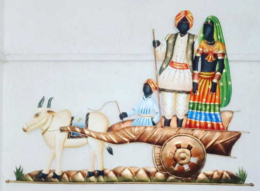 Handmade Metal 3 Couple Bullock Cart Wall Hanging for Home Decor and Gifting 30*18 Inches - ArtyCraftz.com