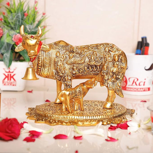 Handmade Metal Kamdhenu Cow, Calf And Krishna Figurine, Standard, Golden Color