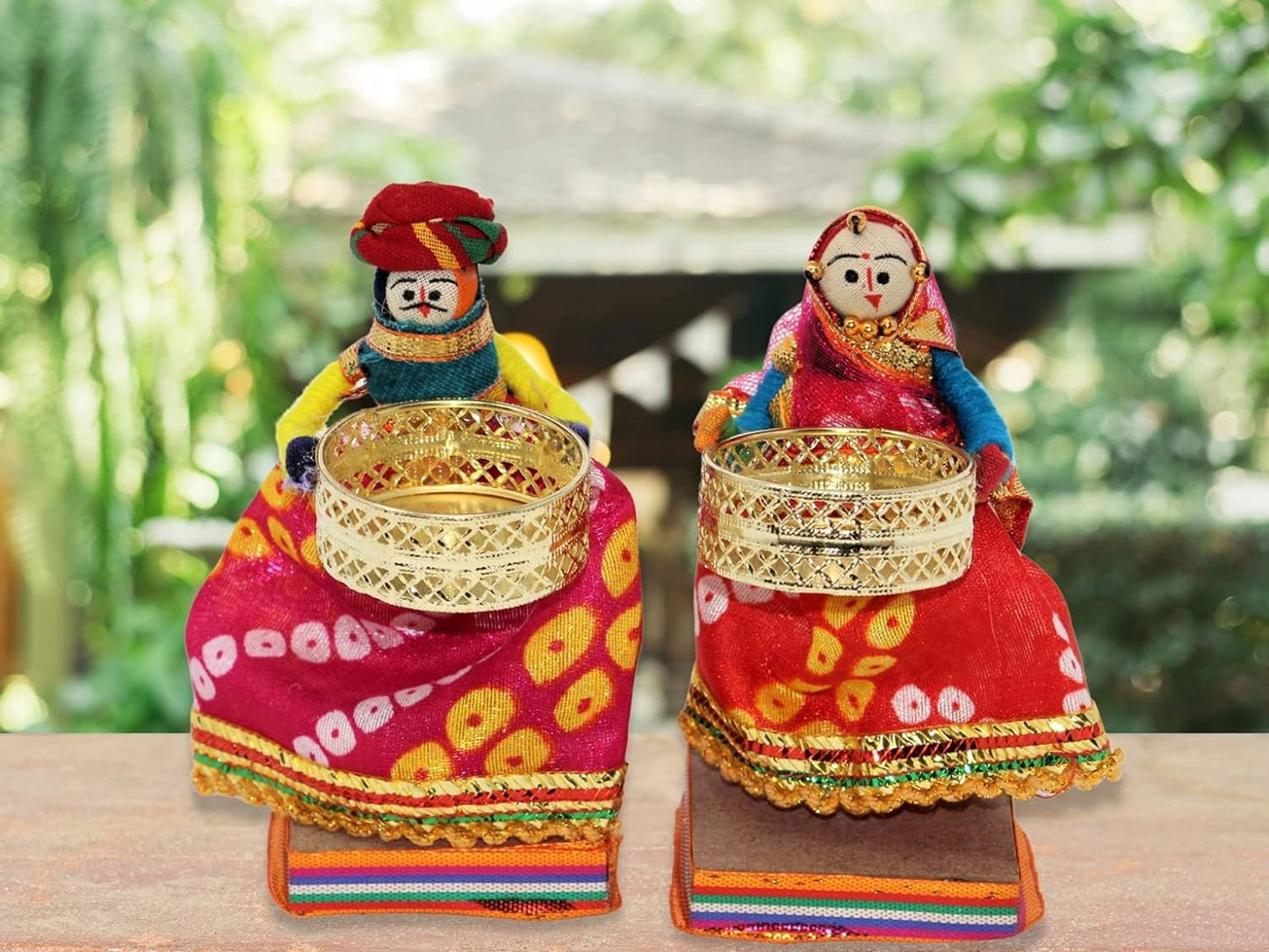 Handmade Recycled Material Rajasthani Dolls Puppet Tealight Candle Holder, Multicolor (11 cm x 11 cm - 1 Pair) - ArtyCraftz.com